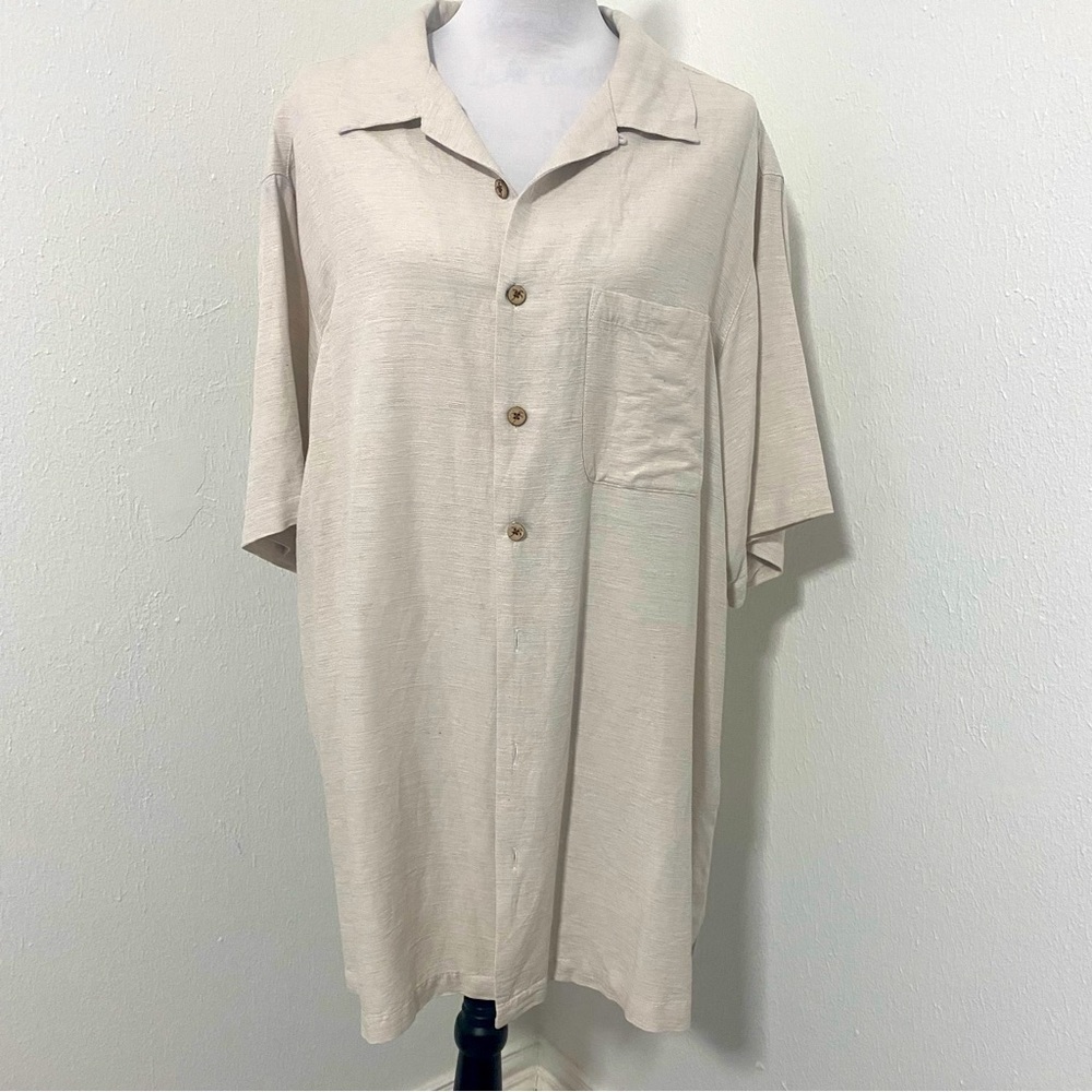 Caribbean Pure Silk Men’s Button Down Hawaiian Shirt 100% Silk Size 2XT Beige